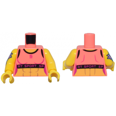 coral torso female crop top black trim magenta sport over yellow bare skin with muscles pattern yellow arm left yellow arm right with flower tattoo pattern yellow hands