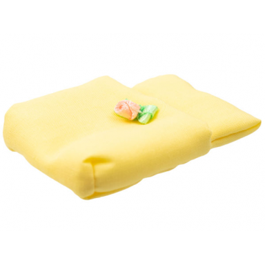 light yellow belville cloth pouch baby with green and pink floral bow