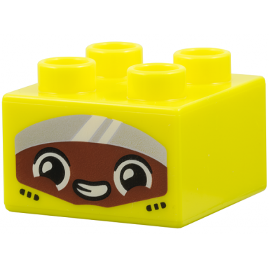 neon yellow duplo brick 2 x 2 with seat belts reddish brown face with black and white eyes open mouth smile with teeth and silver visor pattern