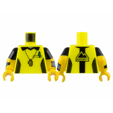 neon yellow torso shirt with black collar and side panels silver whistle dark turquoise pen sport on back pattern yellow arms with black short sleeves watches pattern yellow hands