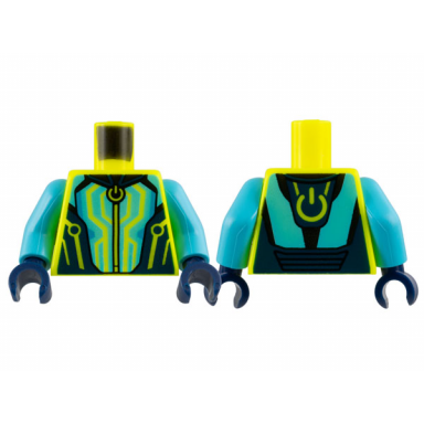 neon yellow torso jumpsuit circuitry on dark blue and medium azure panels computer power symbol pattern medium azure arms dark blue hands