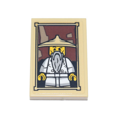tan tile 2 x 3 with framed picture minifigure with white robe light bluish gray beard and tan conical hat yang wu pattern sticker - set 71741