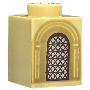 tan brick 1 x 1 with silver arched window with dark brown lattice and dark tan arches pattern