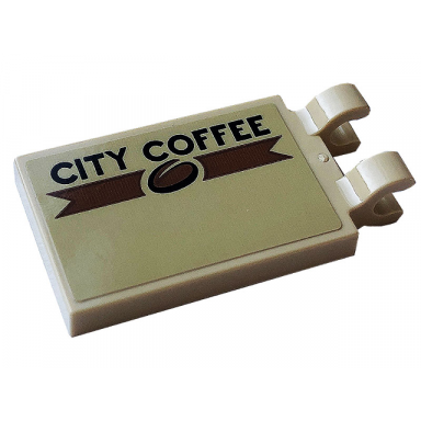 tan tile modified 2 x 3 with 2 open o clips with black city coffee and bean pattern model right side sticker - set 60233