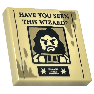 tan tile 2 x 2 with black have you seen this wizard? and sirius black minifigure on wanted poster with dark tan dirt marks pattern