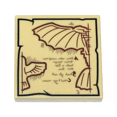 tan tile 2 x 2 with black tattered edge border dark tan writing dark red bird wing and flying machine blueprint pattern