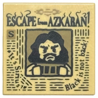 tan tile 2 x 2 with newspaper with escape from azkaban! its sirius! black is not back! and sirius black minifigure on wanted poster pattern
