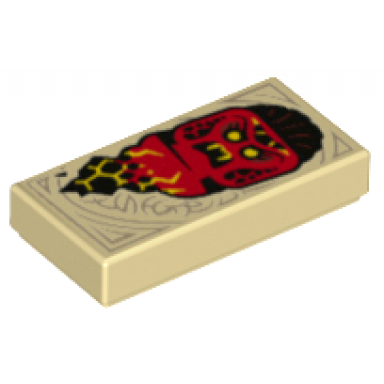 tan tile 1 x 2 with dark tan markings and red monster minifigure head with yellow eyes and fangs pattern nexo knights book of fear