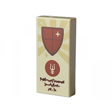 tan tile 1 x 2 with gold sun rays reddish brown shield with star and circle with symbol and dark brown text pattern dungeons dragons spell scroll of mage armor