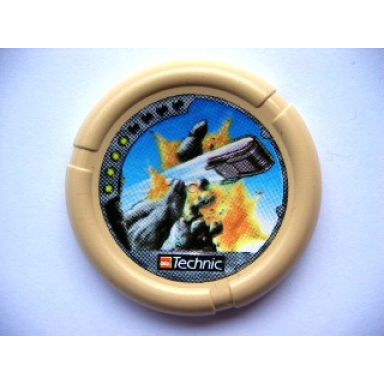 tan throwing disk with throwbot granite slizer rock pips lego technic logo and flying box hitting rock pattern