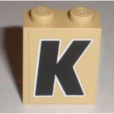 tan brick 1 x 2 x 2 with inside stud holder with black capital letter k with white outline pattern sticker - set 8211