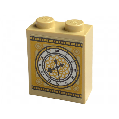 tan brick 1 x 2 x 2 with inside stud holder with clock face on gold background pattern sticker - set 43220