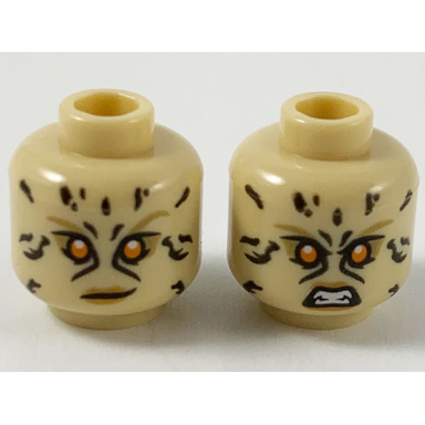 tan minifigure head dual sided female animal print black spots orange eyes dark tan eyebrows medium nougat lips smirk fierce pattern
