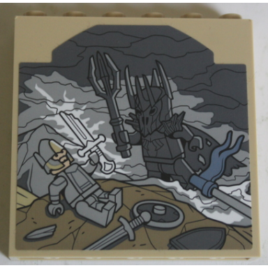 tan panel 1 x 6 x 5 with scene of the destruction of the ring with dark bluish gray and light bluish gray minifigures dark tan earth and sand blue flag pattern sticker - set 10316