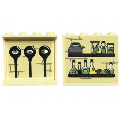 tan panel 1 x 4 x 3 with side supports - hollow studs with bricks jars bottles and kettle on shelf on outside and eyes on inside pattern sticker - set 76397