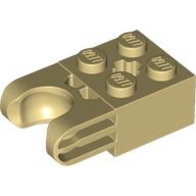 tan technic brick modified 2 x 2 with ball socket and axle hole - straight forks with round ends and closed sides