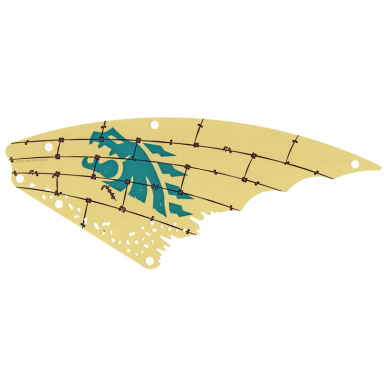 tan cloth sail triangular 13 x 32 with dark turquoise dragon head and ropes pattern
