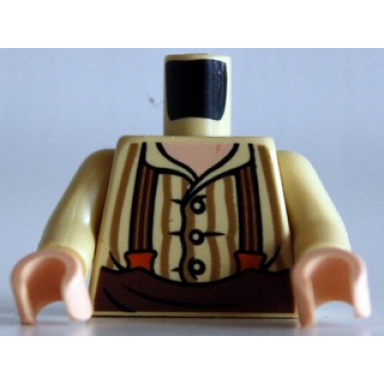 tan torso lotr button shirt with dark tan stripes and brown and dark orange suspenders pattern tan arms light nougat hands