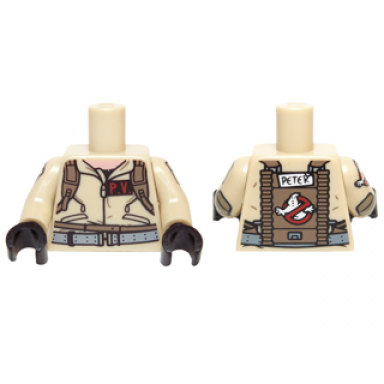 tan torso ghostbusters jumpsuit with p.v id badge and peter on reverse pattern tan arms with ghostbusters pattern black hands