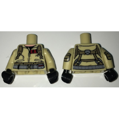 tan torso ghostbusters jumpsuit with e.s id badge and straps on reverse pattern tan arms with ghostbusters pattern black hands