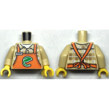 tan torso orange apron with green leaf over dark tan and white plaid shirt pattern tan arms yellow hands