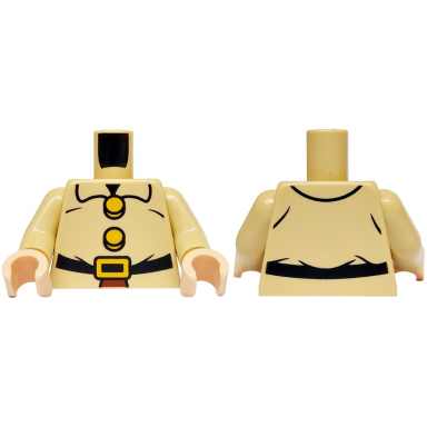 tan torso jacket with collar over reddish brown shirt black belt bright light orange buckle and buttons without lines between pattern tan arms light nougat hands