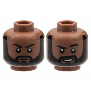 medium brown minifigure head dual sided black eyebrows and beard neutral grin with raised left eyebrow pattern