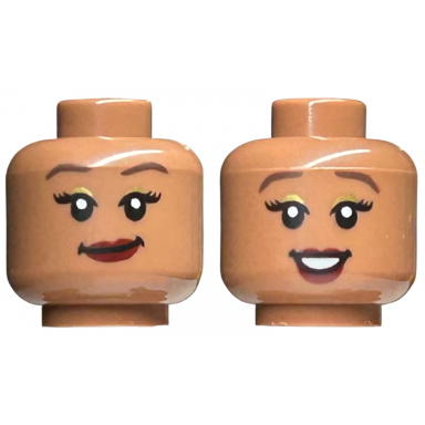 medium brown minifigure head dual sided female dark brown eyebrows gold eye shadow dark red lips smirk open mouth smile with teeth pattern