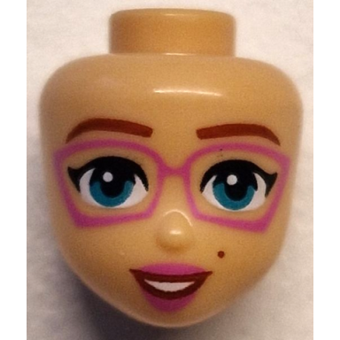medium tan mini doll head friends with reddish brown eyebrows and beauty mark dark turquoise eyes dark pink glasses and lips open mouth smile with teeth pattern
