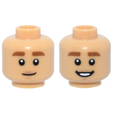 medium tan minifigure head dual sided dark orange thick eyebrows nougat lips medium nougat chin dimple slight lopsided grin open mouth smile with teeth pattern