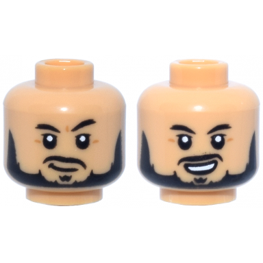 medium tan minifigure head dual sided black eyebrows moustache beard and soul patch medium nougat dimples smirk lopsided open mouth smile with top teeth pattern
