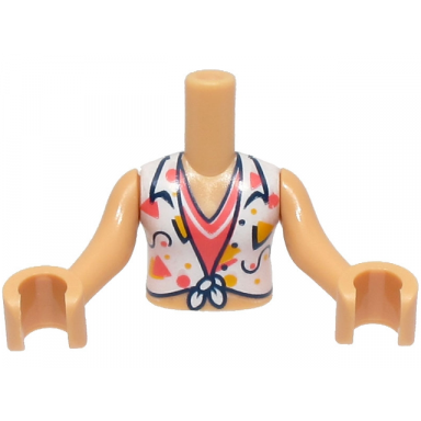 medium tan torso mini doll girl white knotted blouse with dark blue coral and bright light orange lines and shapes over shirt pattern medium tan arms with hands