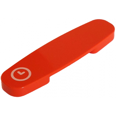 reddish orange duplo train action brick with white clock face with hands pattern
