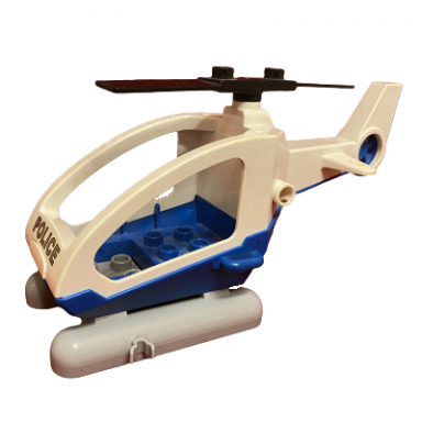 duplo helicopter with cabin fixed skids with white base and police print rotor 2 blade