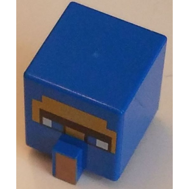 blue minifigure head modified cube tall with raised rectangle with pixelated dark brown unibrow blue eyes gold face and nougat nose pattern minecraft wandering trader