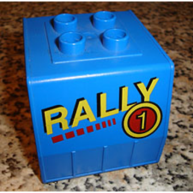 duplo train freight container with yellow rally and number 1 in circle pattern