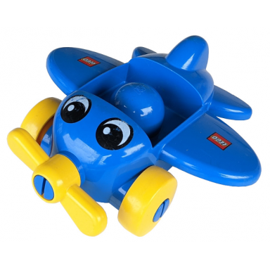 blue primo vehicle airplane with yellow propeller and wheels with eyes and lego logo on wings pattern