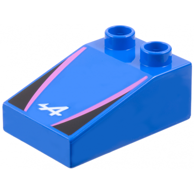 blue duplo brick 3 x 2 slope 33 with alpine formula 1 logo stylized white capital letter a dark pink stripes black triangles pattern