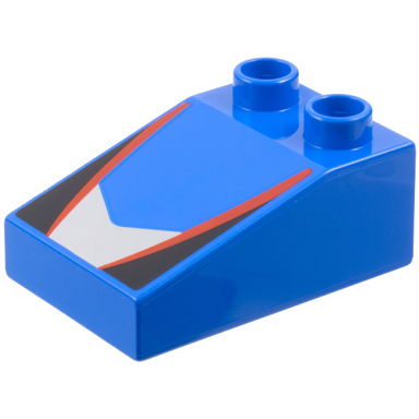 blue duplo brick 3 x 2 slope 33 with silver v-shaped center panel red stripes black triangles pattern