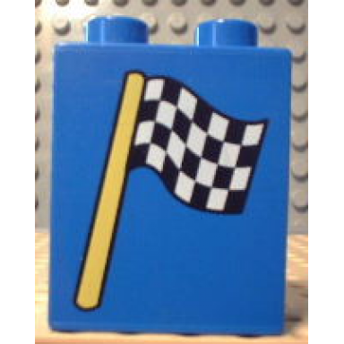 blue duplo brick 1 x 2 x 2 with checkered flag pattern