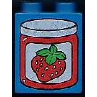 blue duplo brick 1 x 2 x 2 with strawberry jam jar with lid pattern