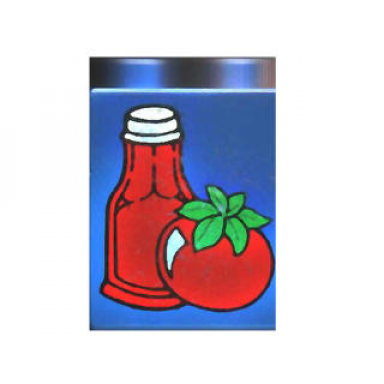 blue duplo brick 1 x 2 x 2 with ketchup bottle and tomato pattern