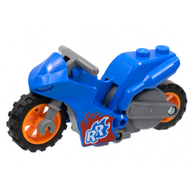 blue stuntz flywheel motorcycle sport bike tapered front with dark bluish gray frame orange wheels and dark bluish gray handlebars with white rr on red and blue flames pattern