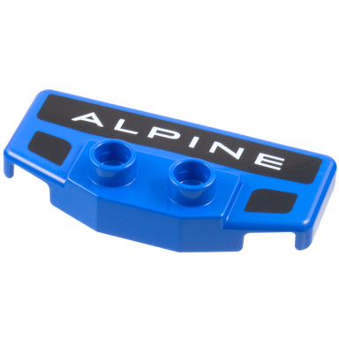blue duplo rear spoiler wing with white alpine on black background 2 black markings pattern