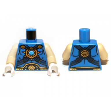 blue torso armor vest lion belt chain and gold and dark azure round jewel chi pattern tan arms white hands