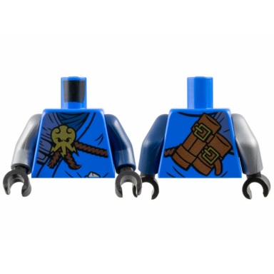 blue torso ninja robe over dark blue wrap silver shoulder armor reddish brown rope gold lightning octopus symbol scabbards with buckles on back pattern dark blue arm left flat silver arm right black hands