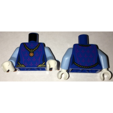 blue torso female dress with dark purple fleur-de-lis and gold necklace with orange pendant pattern bright light blue arms white hands