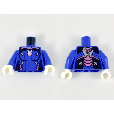 blue torso female bodysuit dark pink trim white rabbit head in dark pink circle 8 dark blue vertical stripes pattern blue arms white hands