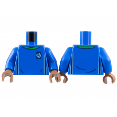 blue torso soccer uniform bright green collar white and dark blue side stripes soccer ball on brick logo pattern blue arms medium brown hands