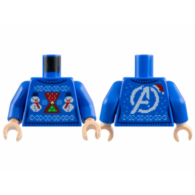 blue torso female knit fair isle holiday sweater with bright green tree on red black widow hourglass logo white snowmen avengers logo with santa hat on back pattern blue arms light nougat hands